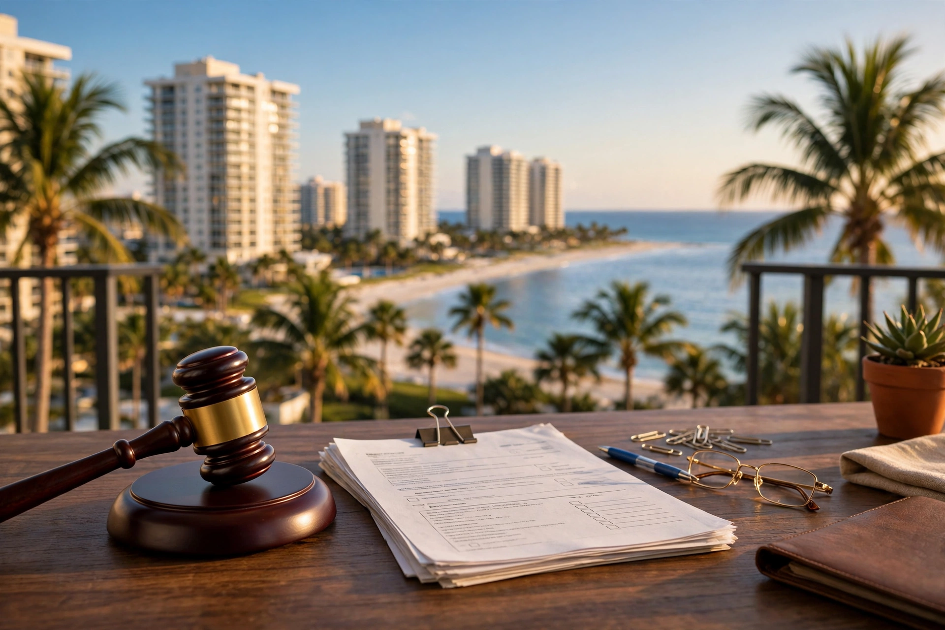 Gavel and board meeting papers on a balcony table overlooking Florida beachfront condominium towers